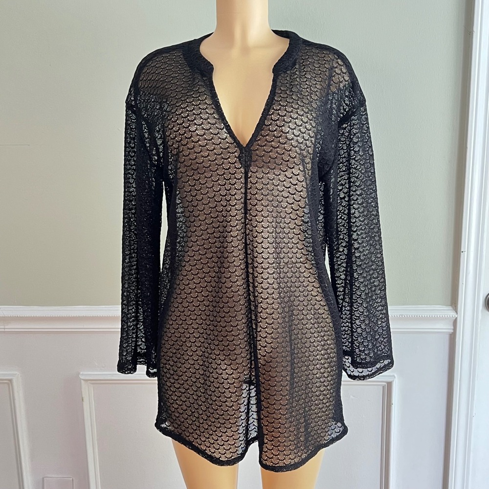 Coastal Comfort  Lace Sheer Black Cover Up Sz S Boho Whimsygoth dark fairy Witch